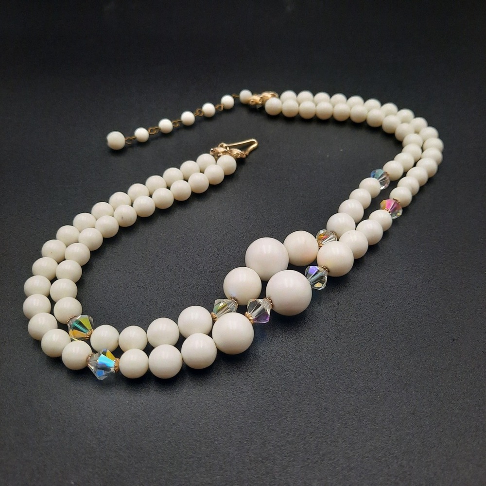 Vintage‎ Avon Double Strand White Bead Necklace with Aurora Borealis Crystals